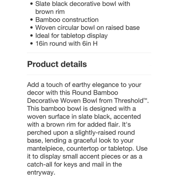 Threshold NWT Large Round Bamboo Decorative Woven Bowl in Slate Black - Picture 5 of 6